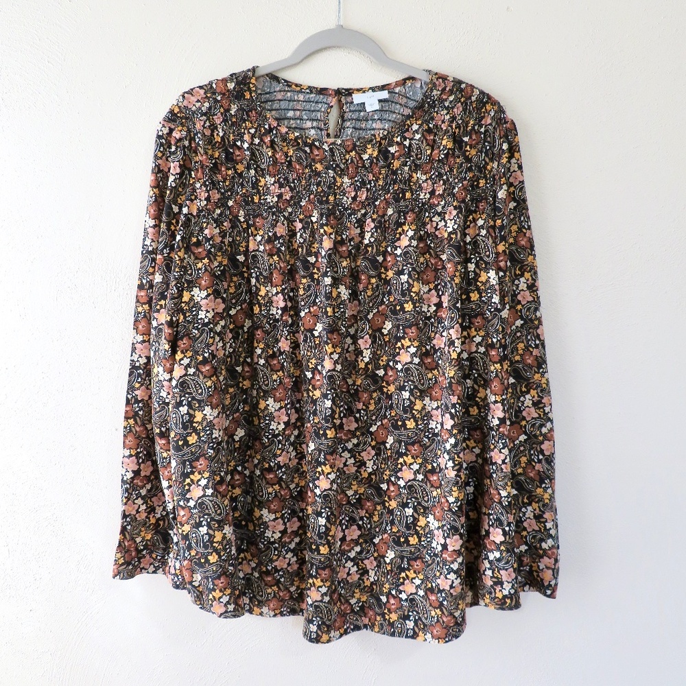 J. Jill Floral Smocked Yoke Long Sleeve Blouse in Black, Brown, Pink